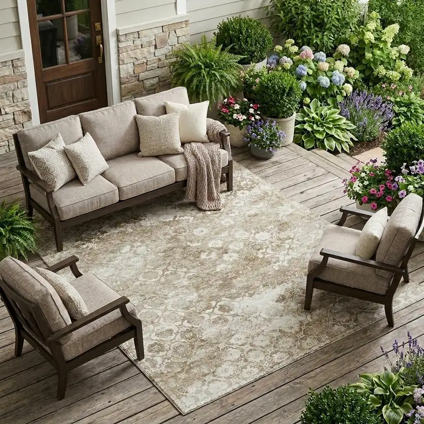 Beige And Brown Floral Medallion Washable Indoor Outdoor Area Rug Photo 1