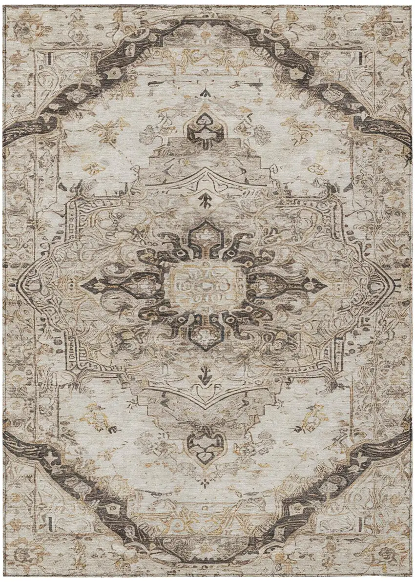Beige And Brown Floral Medallion Washable Indoor Outdoor Area Rug Photo 3