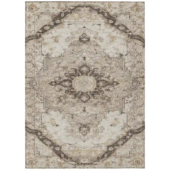 Beige And Brown Floral Medallion Washable Indoor Outdoor Area Rug Photo 3