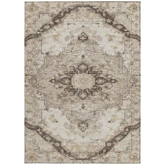 Beige And Brown Floral Medallion Washable Indoor Outdoor Area Rug Photo 2