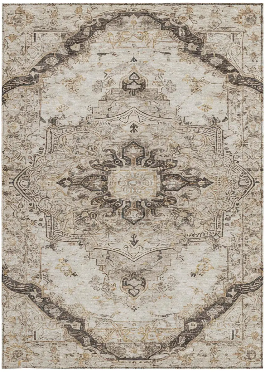 Beige And Brown Floral Medallion Washable Indoor Outdoor Area Rug Photo 2