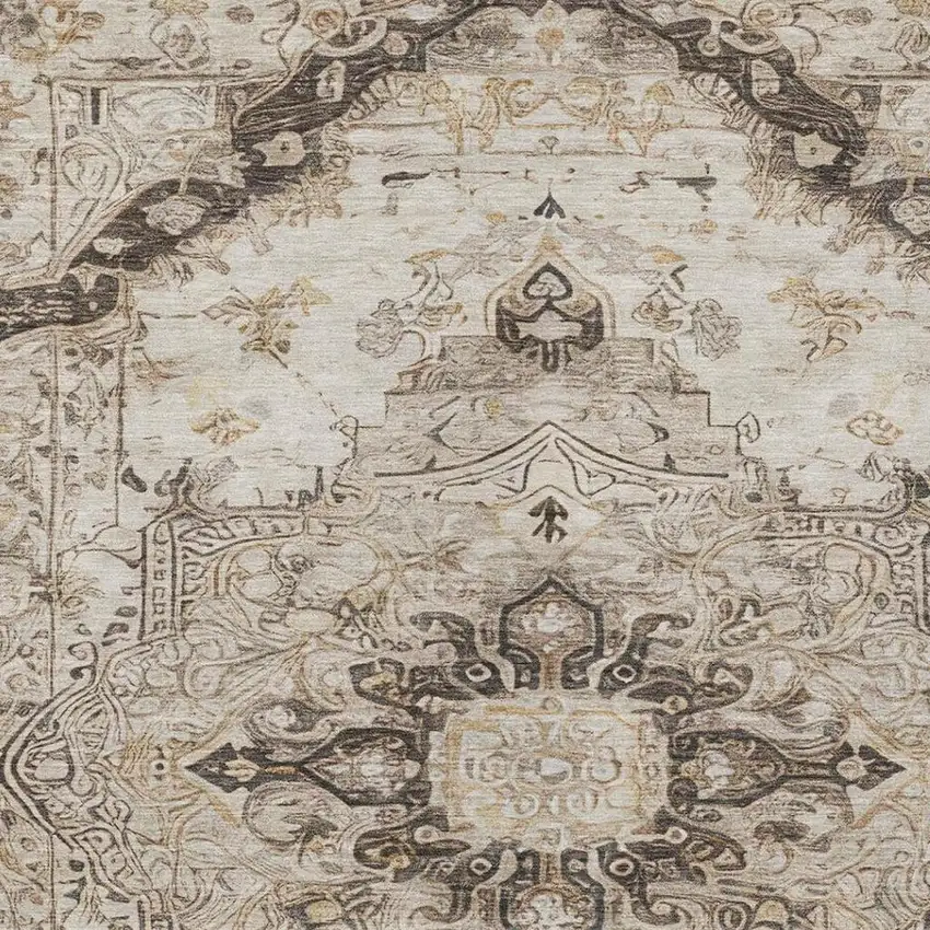 Beige And Brown Floral Medallion Washable Indoor Outdoor Area Rug Photo 8