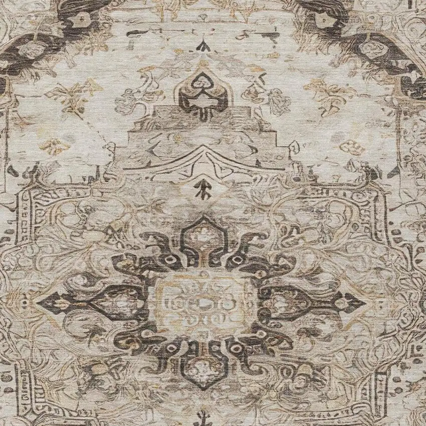 Beige And Brown Floral Medallion Washable Indoor Outdoor Area Rug Photo 4