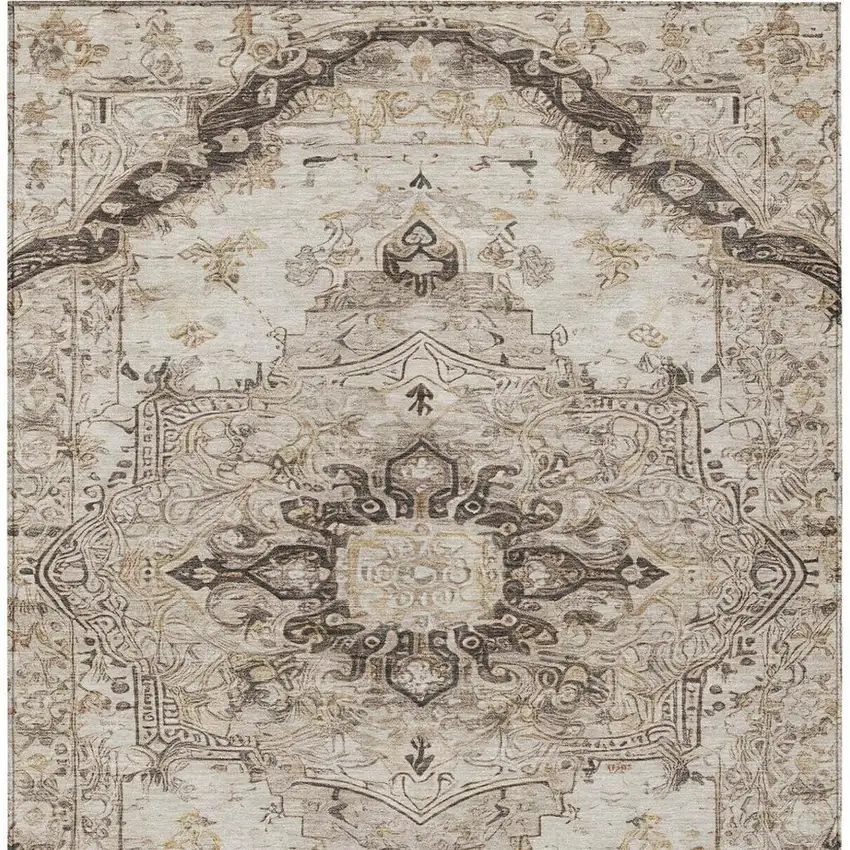 Beige And Brown Floral Medallion Washable Indoor Outdoor Area Rug Photo 1