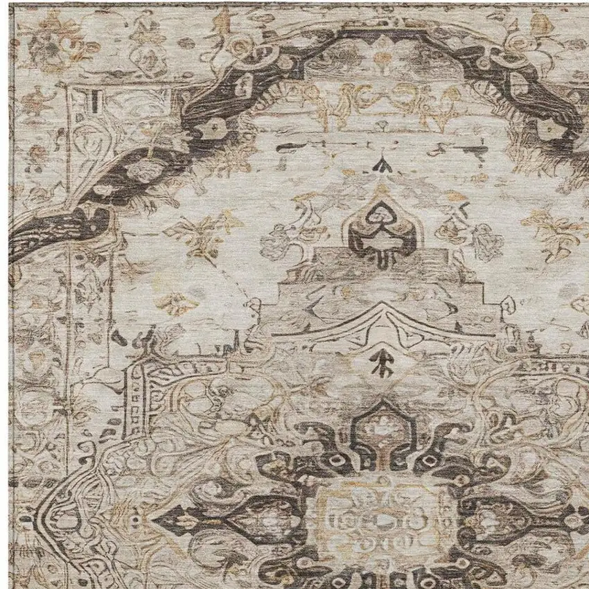 Beige And Brown Floral Medallion Washable Indoor Outdoor Area Rug Photo 7