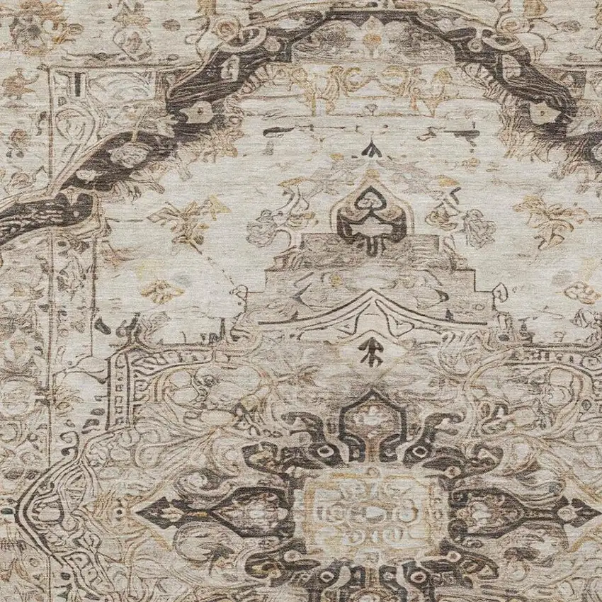 Beige And Brown Floral Medallion Washable Indoor Outdoor Area Rug Photo 9