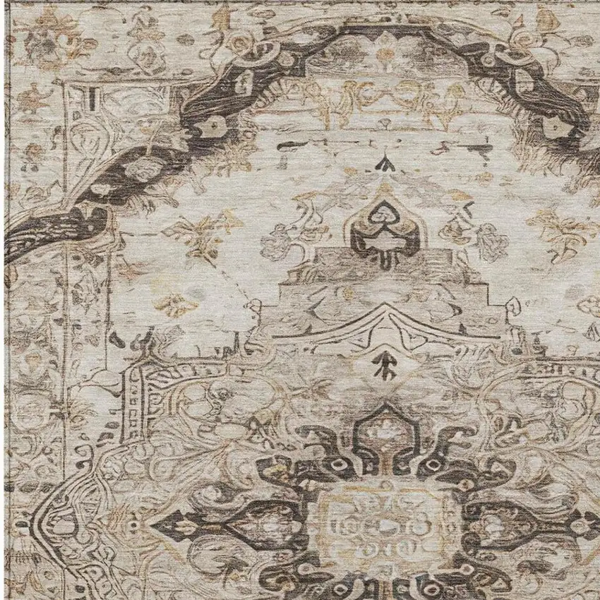 Beige And Brown Floral Medallion Washable Indoor Outdoor Area Rug Photo 4