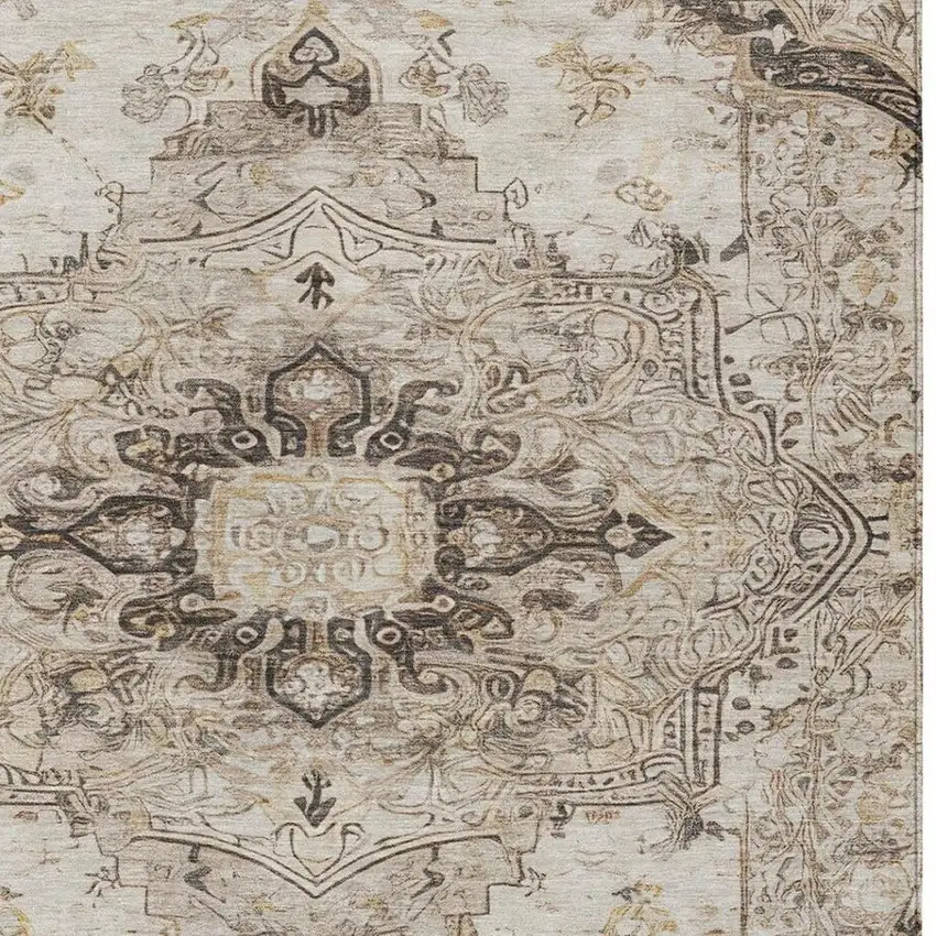 Beige And Brown Floral Medallion Washable Indoor Outdoor Area Rug Photo 5