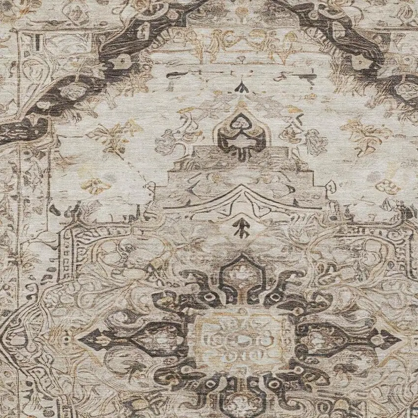 Beige And Brown Floral Medallion Washable Indoor Outdoor Area Rug Photo 9