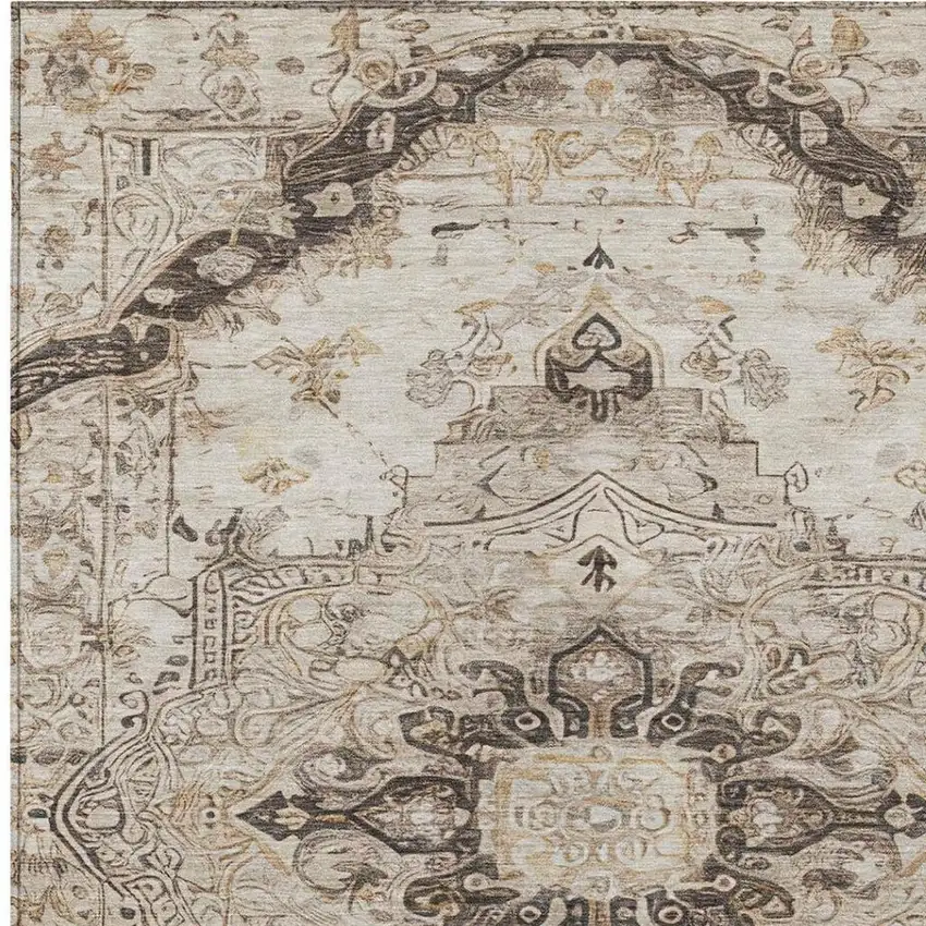 Beige And Brown Floral Medallion Washable Indoor Outdoor Area Rug Photo 7