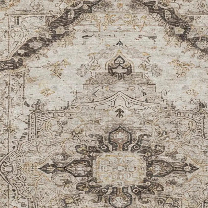 Beige And Brown Floral Medallion Washable Indoor Outdoor Area Rug Photo 1