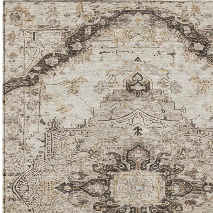 Beige And Brown Floral Medallion Washable Indoor Outdoor Area Rug Photo 5