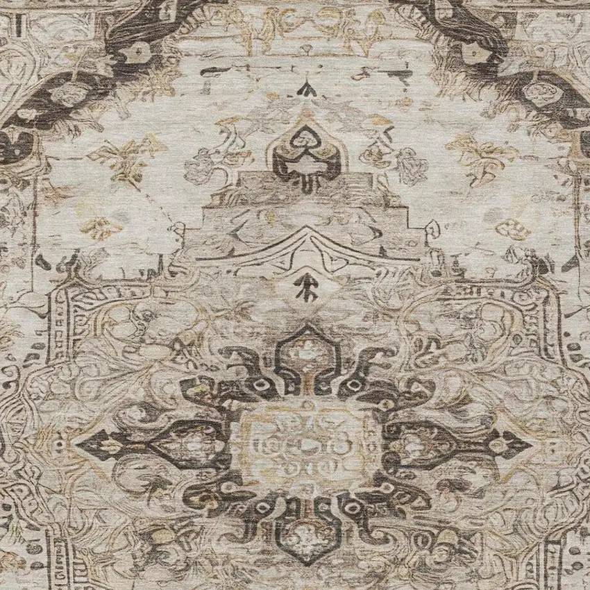 Beige And Brown Floral Medallion Washable Indoor Outdoor Area Rug Photo 6