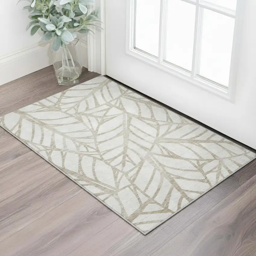 Beige And Brown Floral Washable Area Rug With UV Protection Photo 2