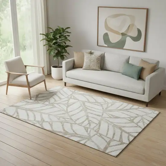 Beige And Brown Floral Washable Area Rug With UV Protection Photo 1