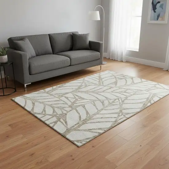 Beige And Brown Floral Washable Area Rug With UV Protection Photo 2