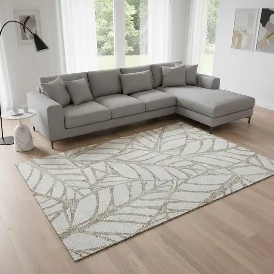 Beige And Brown Floral Washable Area Rug With UV Protection Photo 2