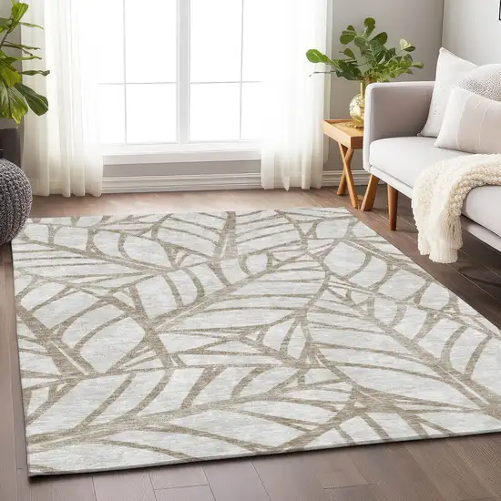 Beige And Brown Floral Washable Area Rug With UV Protection Photo 5