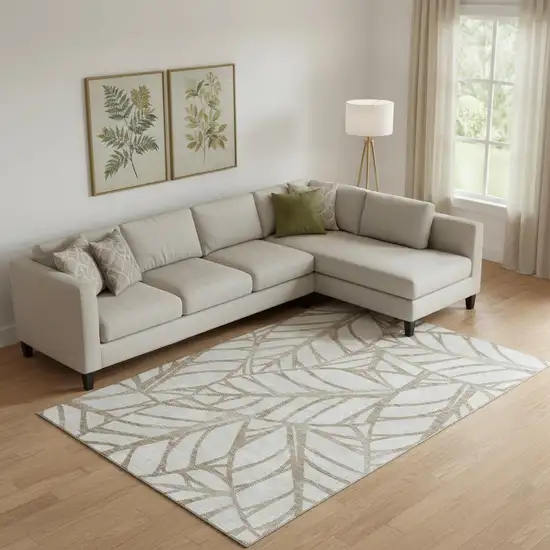 Beige And Brown Floral Washable Area Rug With UV Protection Photo 1