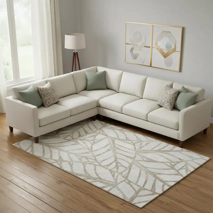 Beige And Brown Floral Washable Area Rug With UV Protection Photo 1