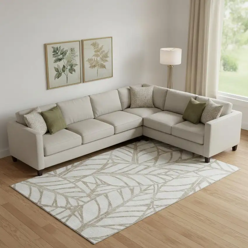 Beige And Brown Floral Washable Area Rug With UV Protection Photo 1