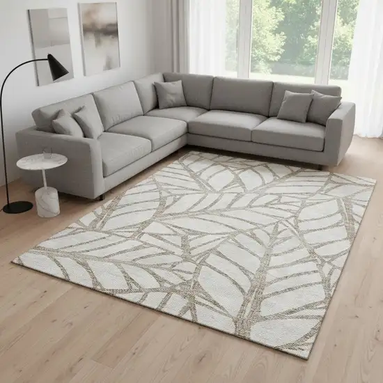 Beige And Brown Floral Washable Area Rug With UV Protection Photo 2