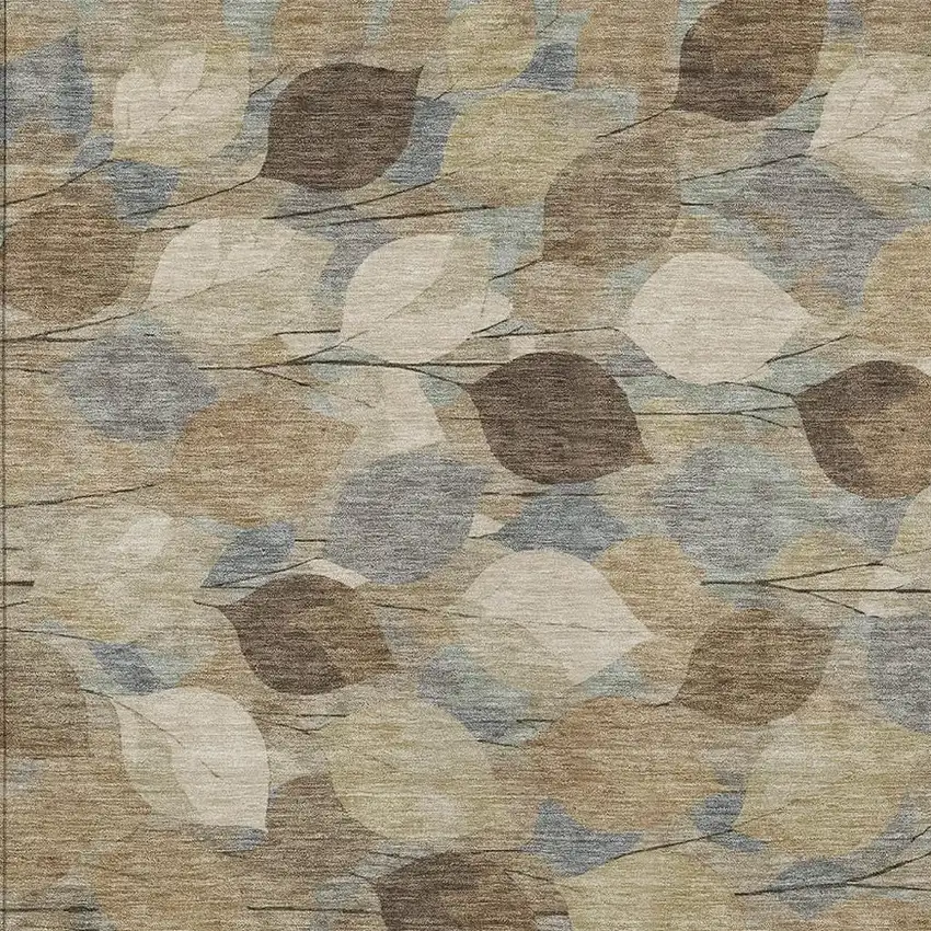 Beige And Brown Floral Washable Indoor Outdoor Area Rug Photo 2