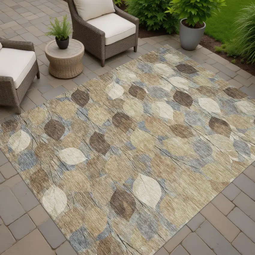 Beige And Brown Floral Washable Indoor Outdoor Area Rug Photo 7