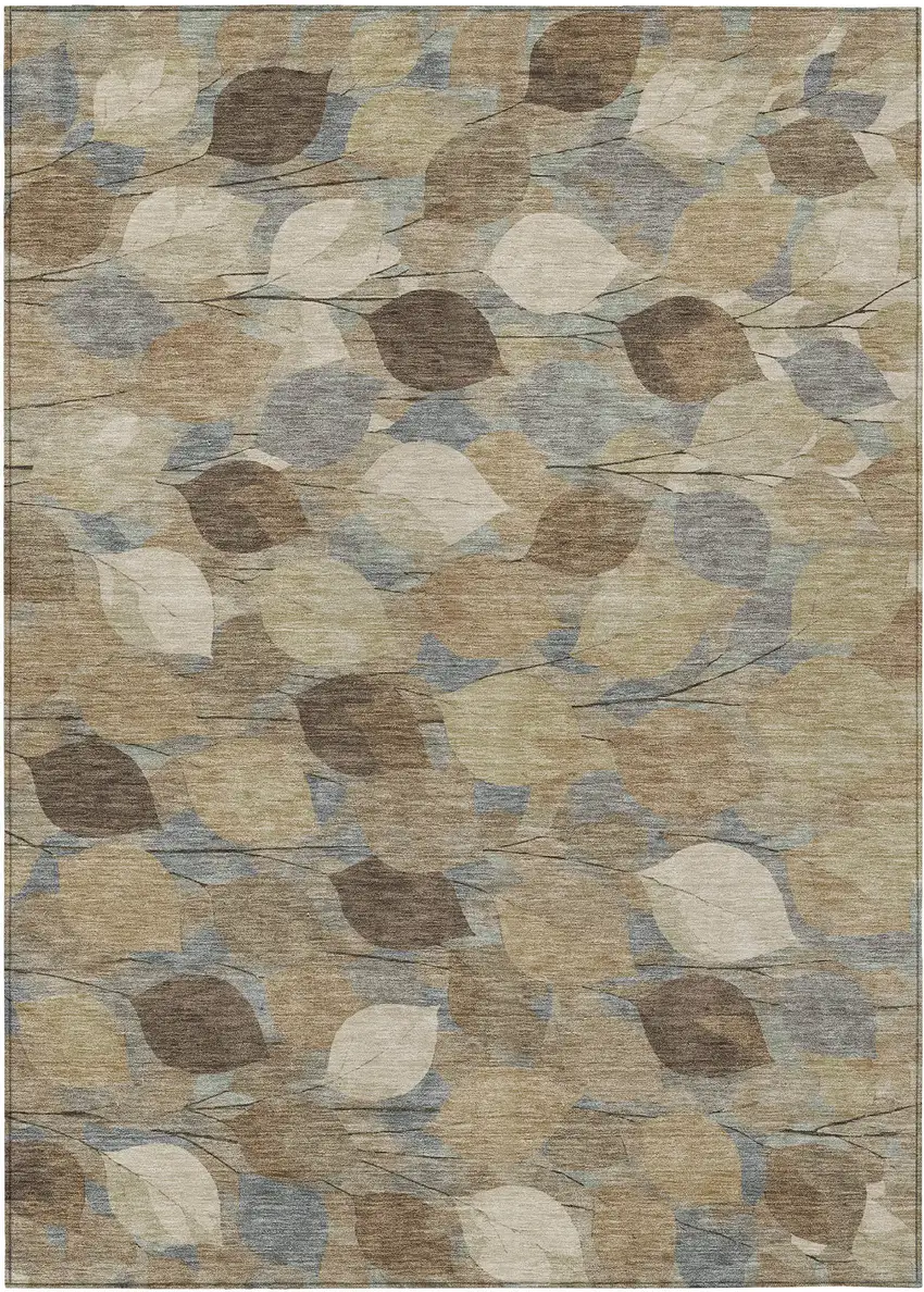 Beige And Brown Floral Washable Indoor Outdoor Area Rug Photo 1