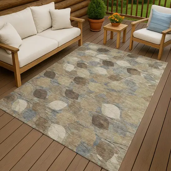 Beige And Brown Floral Washable Indoor Outdoor Area Rug Photo 4