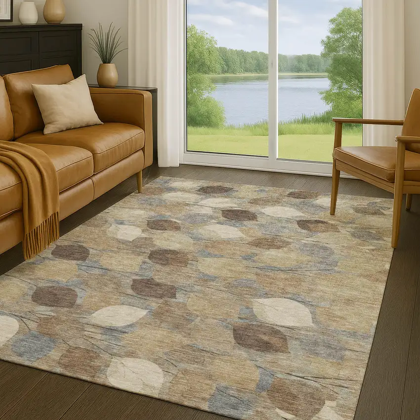 Beige And Brown Floral Washable Indoor Outdoor Area Rug Photo 5