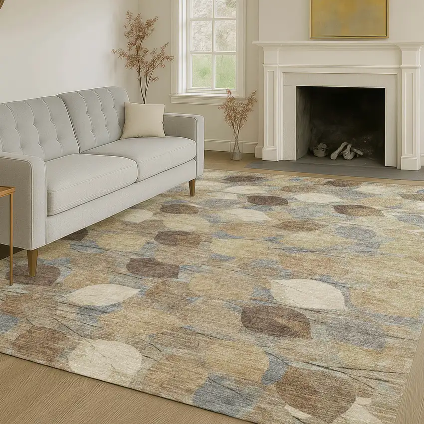 Beige And Brown Floral Washable Indoor Outdoor Area Rug Photo 6