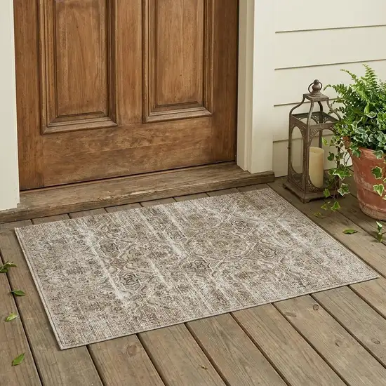 Beige And Brown Floral Washable Indoor Outdoor Area Rug Photo 1