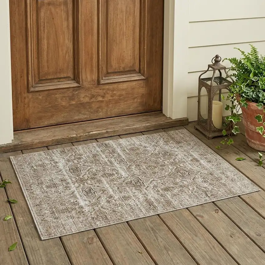 Beige And Brown Floral Washable Indoor Outdoor Area Rug Photo 1