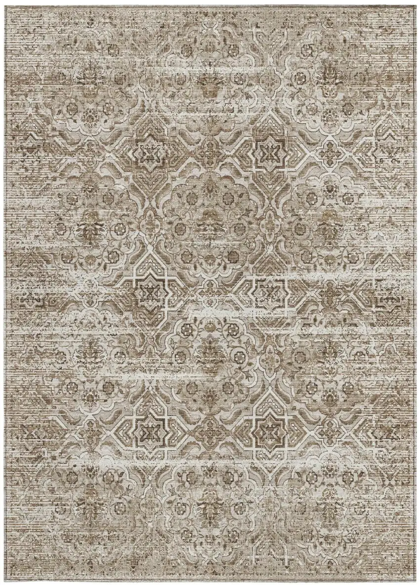 Beige And Brown Floral Washable Indoor Outdoor Area Rug Photo 3