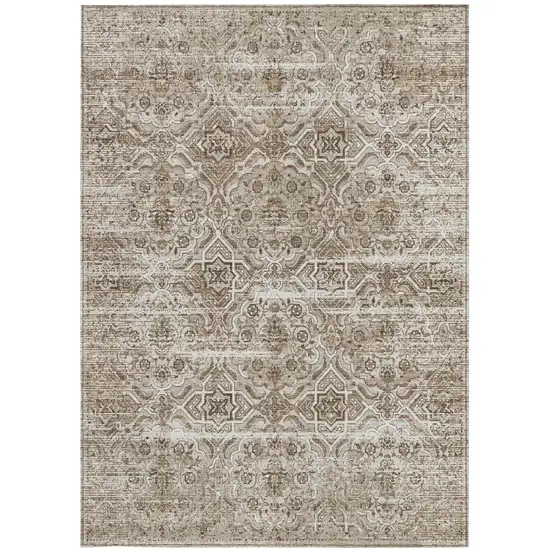 Beige And Brown Floral Washable Indoor Outdoor Area Rug Photo 3