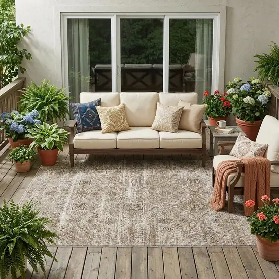 Beige And Brown Floral Washable Indoor Outdoor Area Rug Photo 1