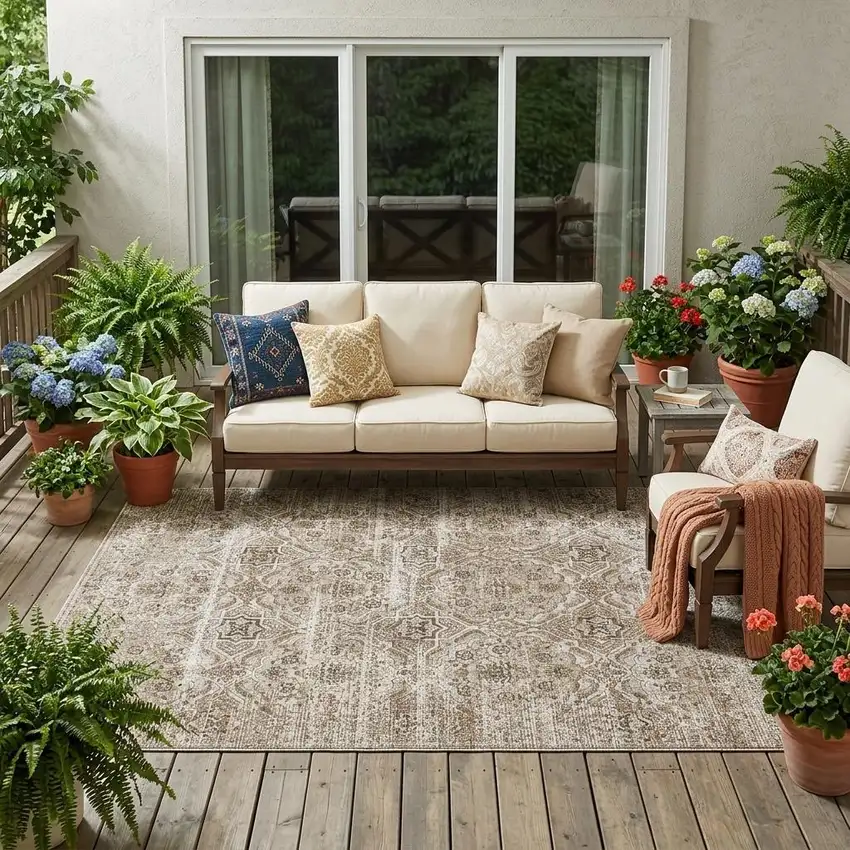 Beige And Brown Floral Washable Indoor Outdoor Area Rug Photo 1