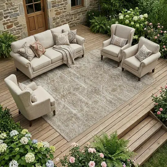 Beige And Brown Floral Washable Indoor Outdoor Area Rug Photo 1