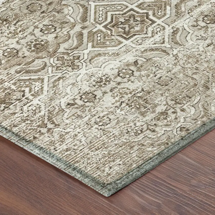 Beige And Brown Floral Washable Indoor Outdoor Area Rug Photo 5