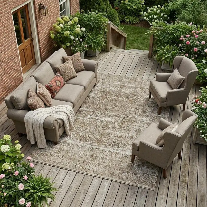 Beige And Brown Floral Washable Indoor Outdoor Area Rug Photo 1