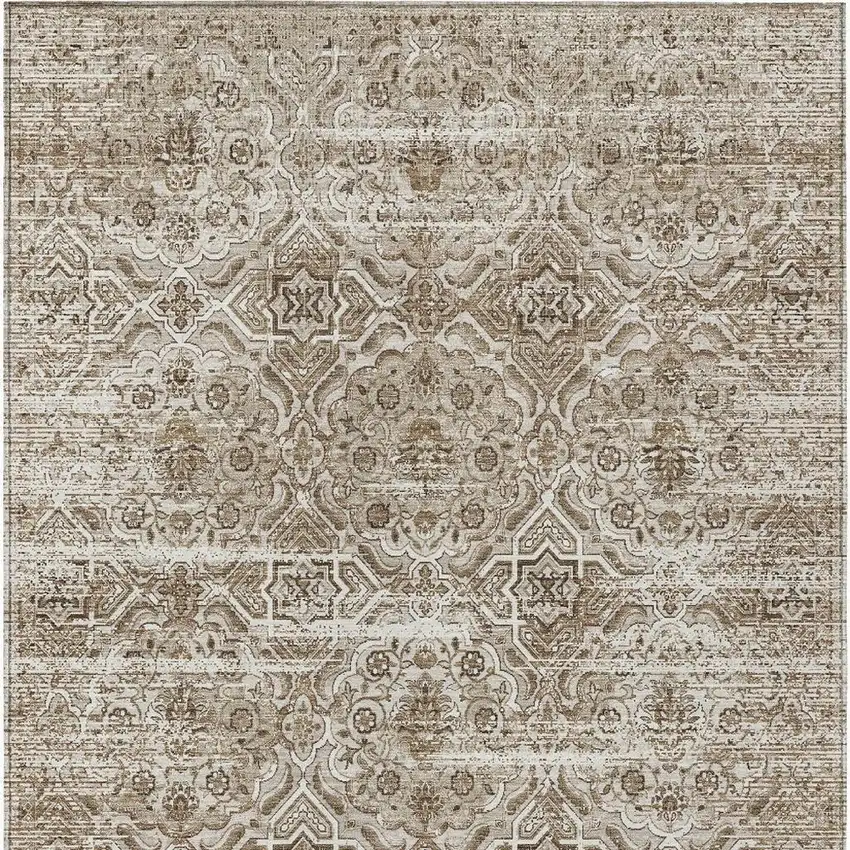 Beige And Brown Floral Washable Indoor Outdoor Area Rug Photo 4