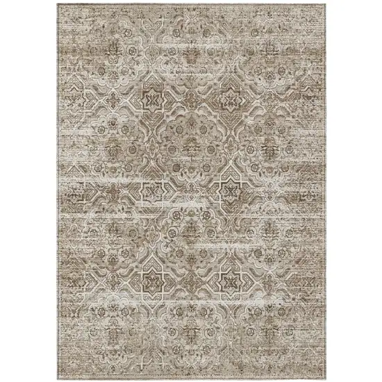 Beige And Brown Floral Washable Indoor Outdoor Area Rug Photo 2