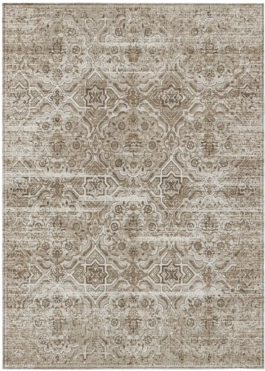 Beige And Brown Floral Washable Indoor Outdoor Area Rug Photo 2