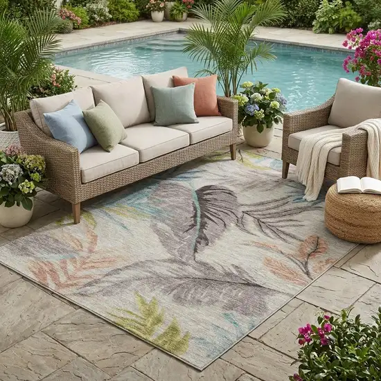 Beige And Brown Floral Washable Indoor Outdoor Area Rug Photo 1