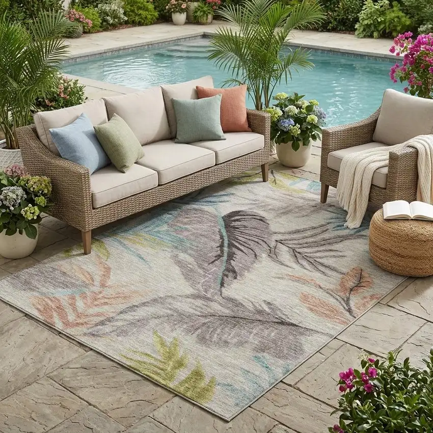 Beige And Brown Floral Washable Indoor Outdoor Area Rug Photo 1