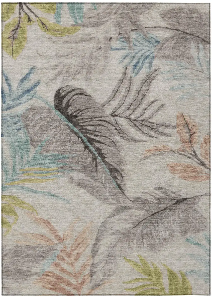 Beige And Brown Floral Washable Indoor Outdoor Area Rug Photo 2