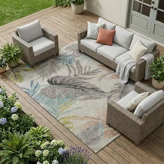 Beige And Brown Floral Washable Indoor Outdoor Area Rug Photo 1