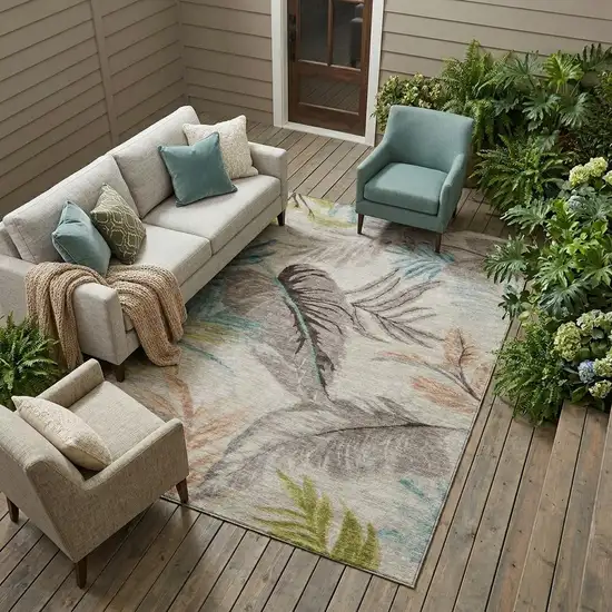 Beige And Brown Floral Washable Indoor Outdoor Area Rug Photo 1
