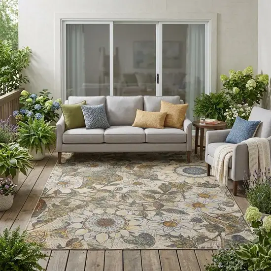Beige And Brown Floral Washable Indoor Outdoor Area Rug Photo 1